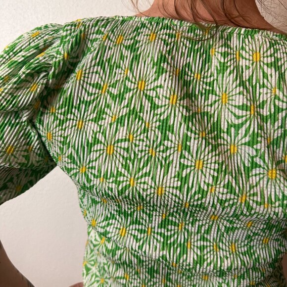 Zara Green Floral Crop Top Summer Top V-Neck Large Cinched Shirt - Picture 4 of 6